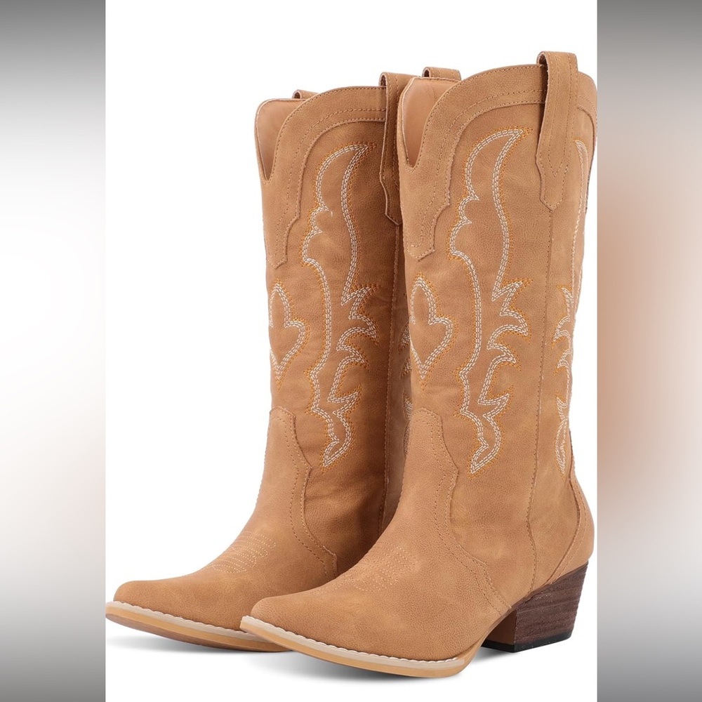 Amazon Tan Embroidered Heeled Boots